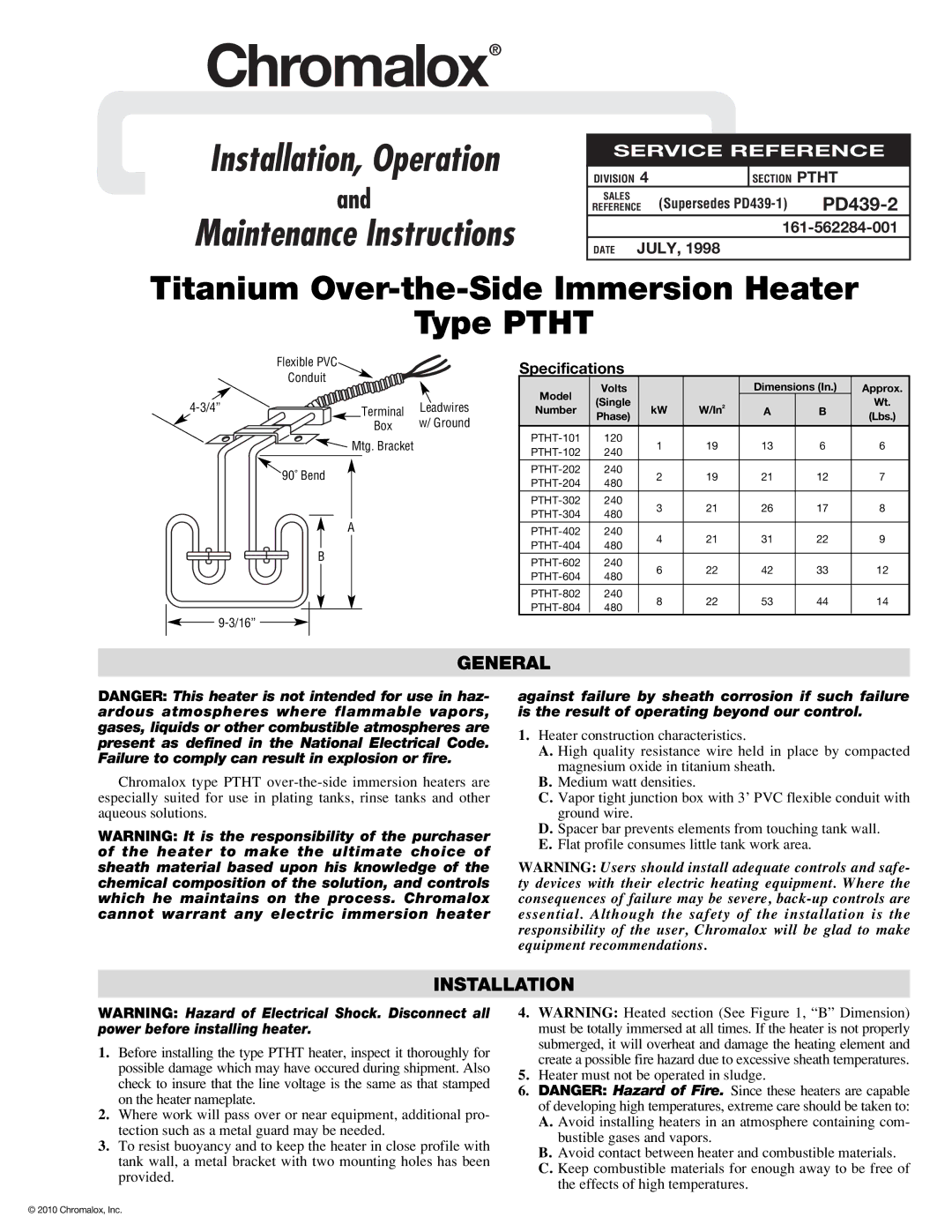 Chromalox PTHT-101 specifications General, Installation, Leadwires, Ground, 90˚ Bend 