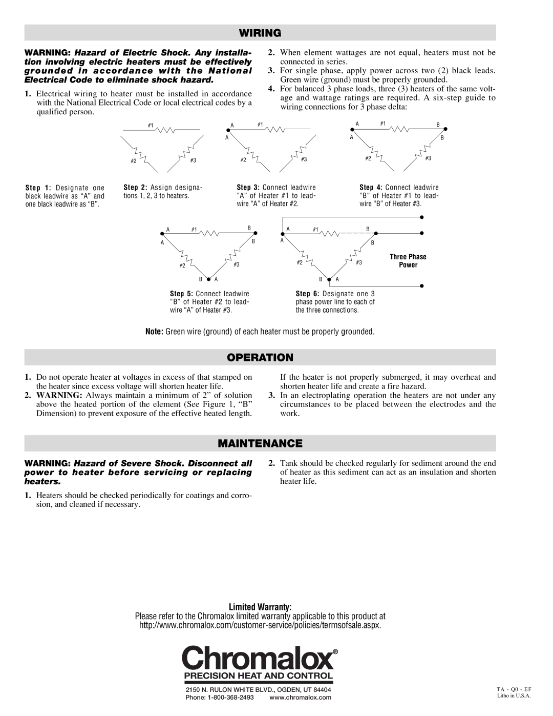 Chromalox PTHT-101 specifications Wiring, Operation, Maintenance 