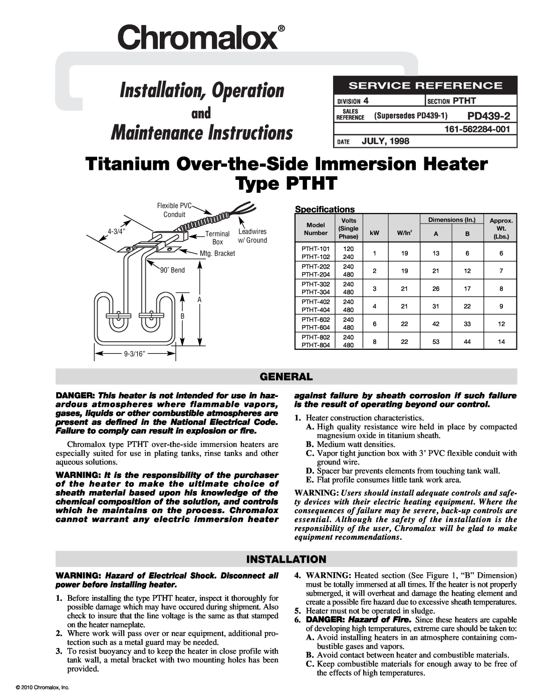 Chromalox PTHT-101 specifications PD439-2, General, Chromalox, Installation, Operation, Maintenance Instructions 