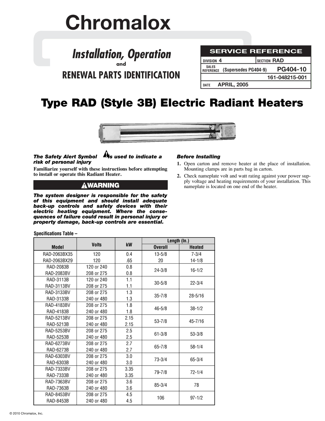 Chromalox RAD-2063BX35 specifications Specifications Table, Supersedes PG404-9 PG404-10, Volts Length, Overall Heated 