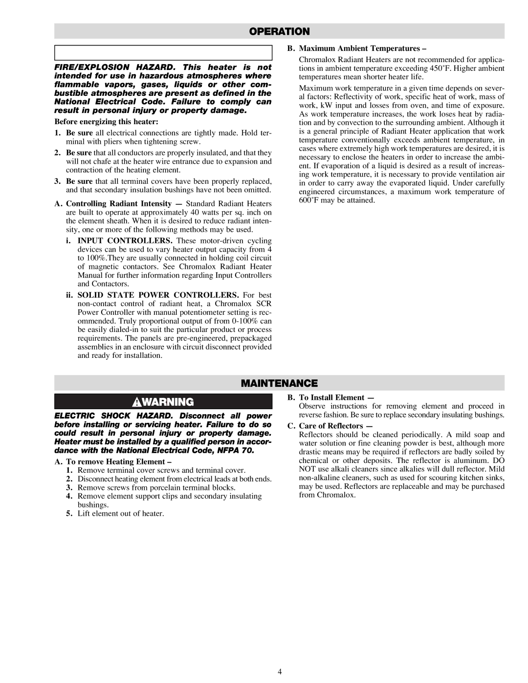 Chromalox RAD-2063BX35 specifications Operation, Maintenance 