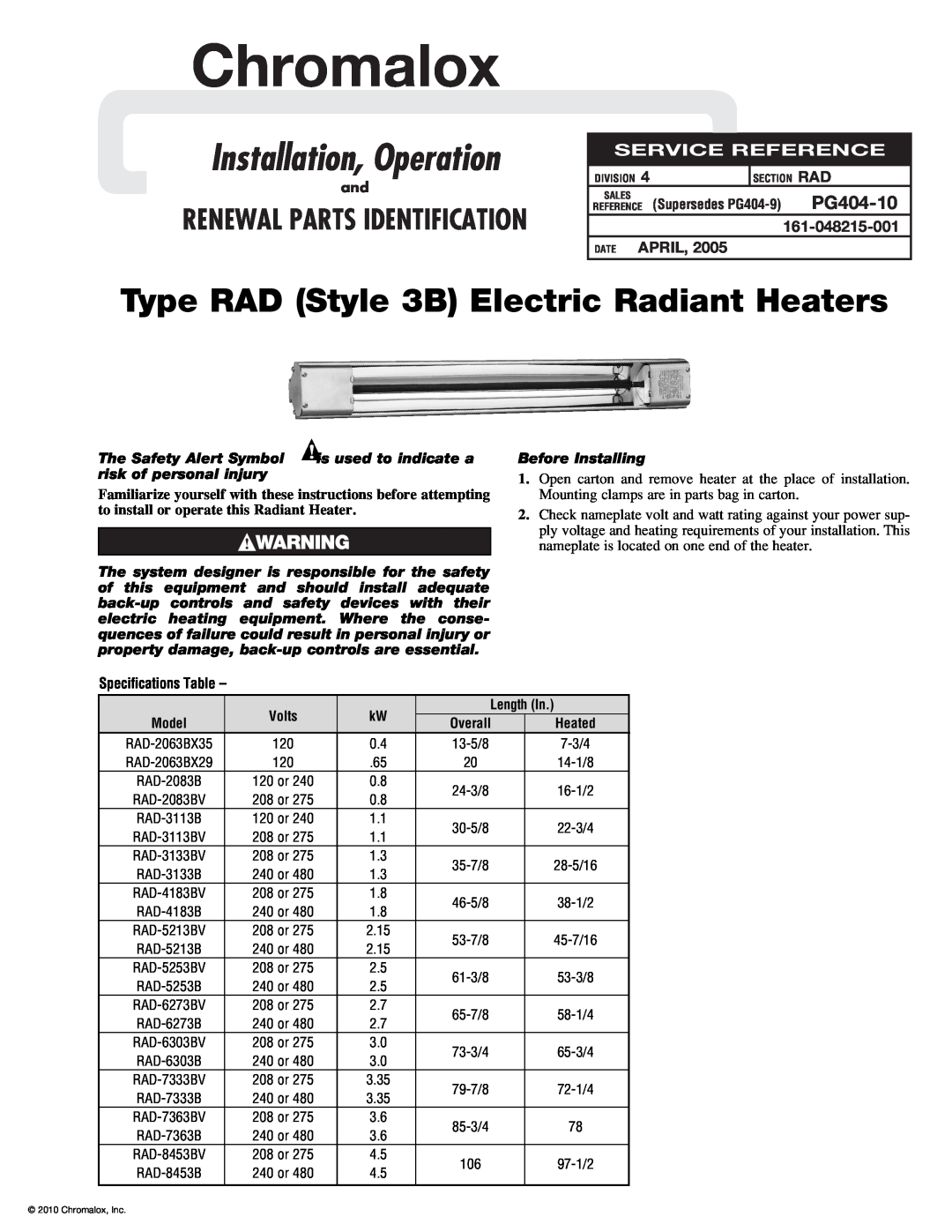 Chromalox RAD-2063BX35 specifications Specifications Table, Chromalox, Installation, Operation, Service Reference 