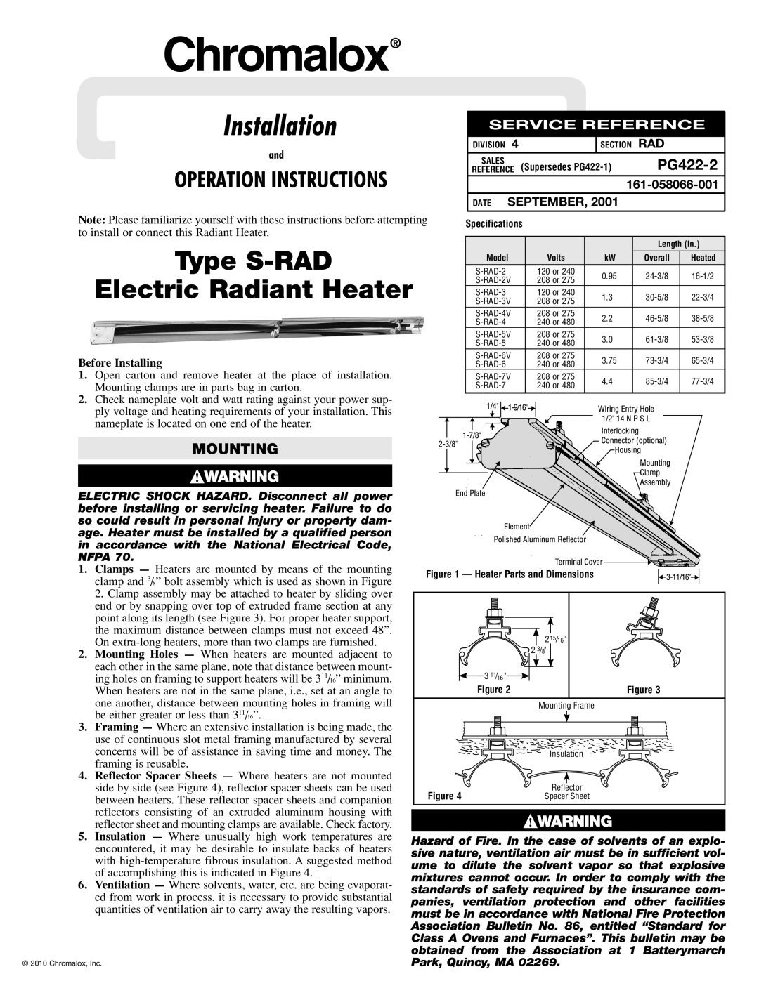 Chromalox S-RAD-2 specifications Mounting, Before Installing, Specifications 