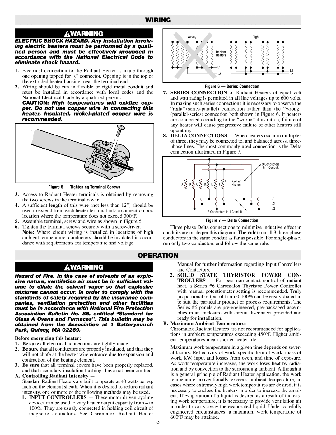 Chromalox S-RAD-2 specifications Wiring, Operation, Before energizing this heater, Controlling Radiant Intensity 