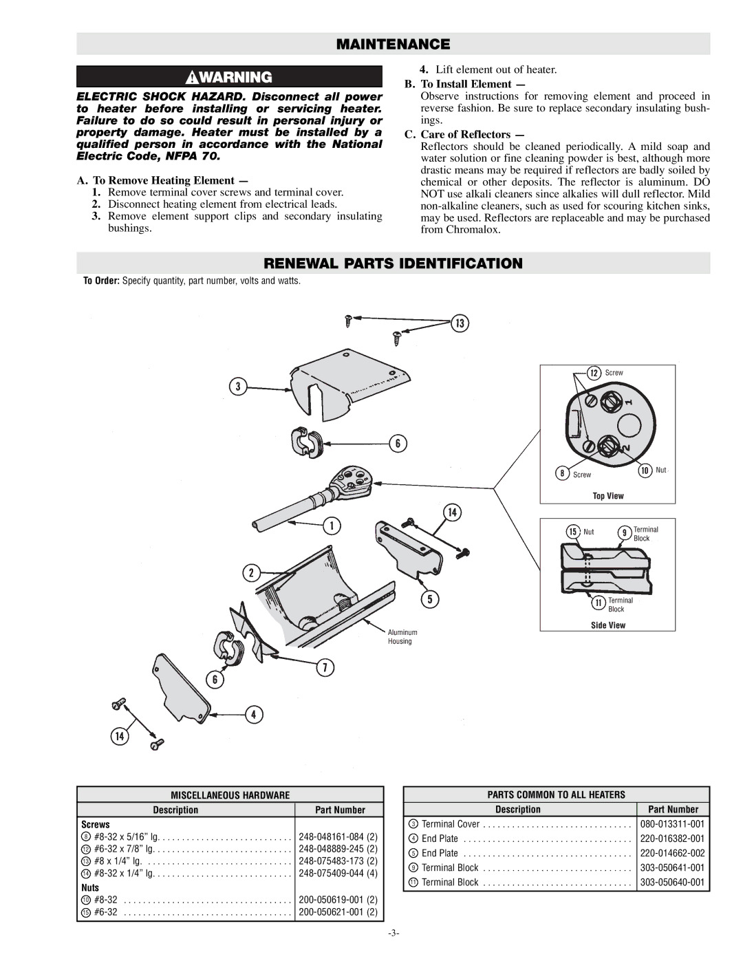 Chromalox S-RAD-2 specifications Maintenance, Renewal Parts Identification, To Remove Heating Element, To Install Element 