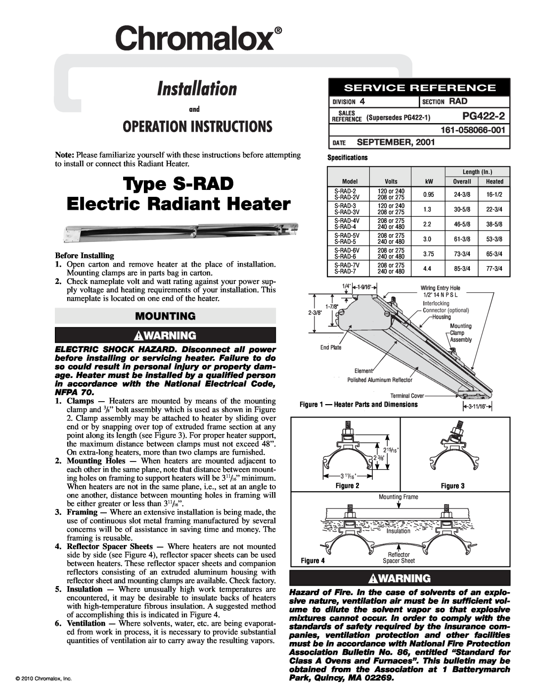 Chromalox S-RAD-2 specifications PG422-2, Mounting, 161-058066-001, Date September, Before Installing, Chromalox 