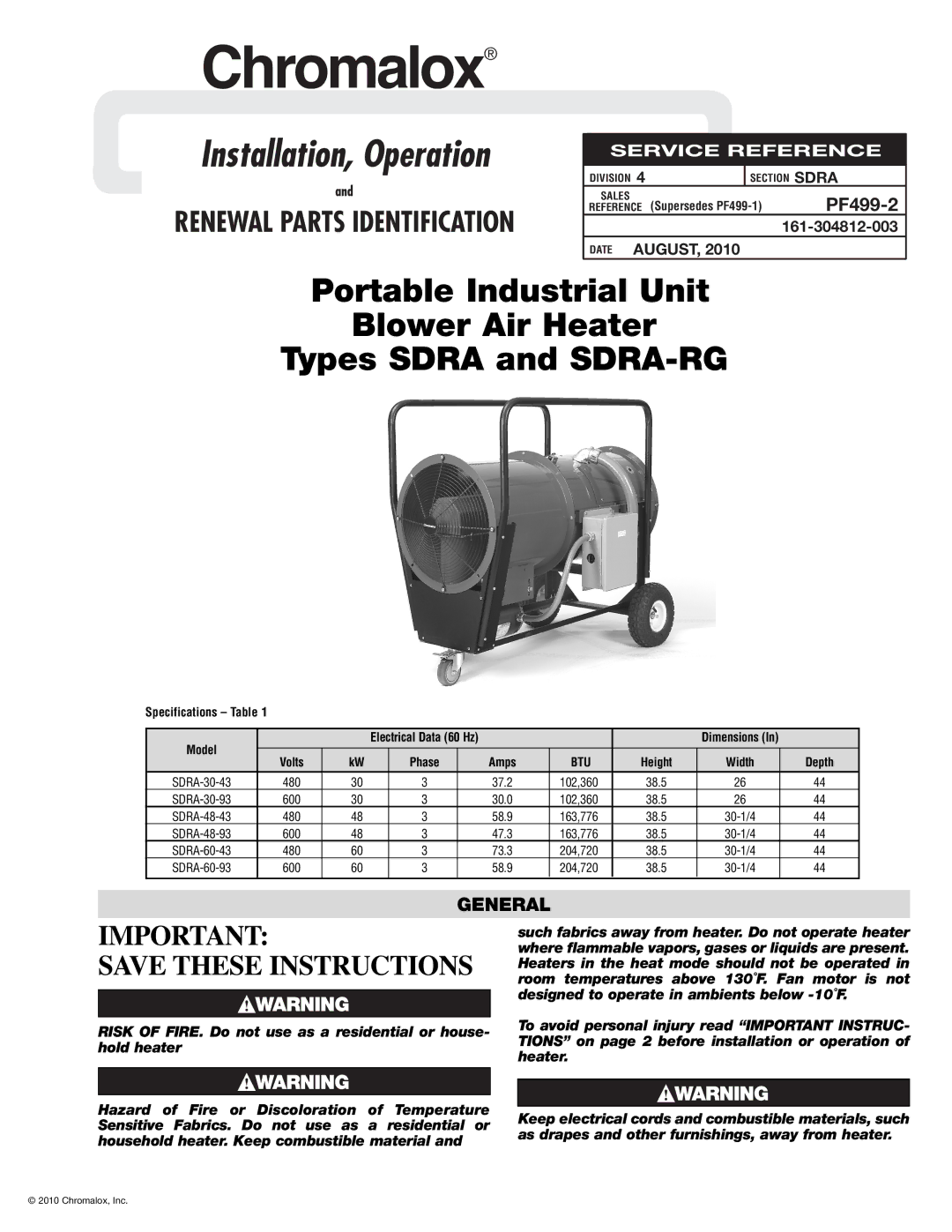 Chromalox SDRA-RG specifications General, Specifications Table Model, Btu, Supersedes PF499-1 