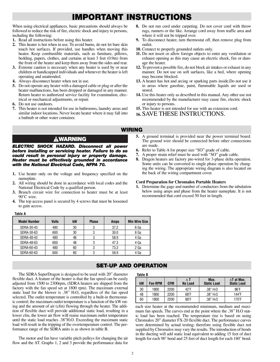 Chromalox SDRA-RG specifications Wiring, SET-UP and Operation, Cord Preparation for Chromalox Portable Heaters, Cfm 