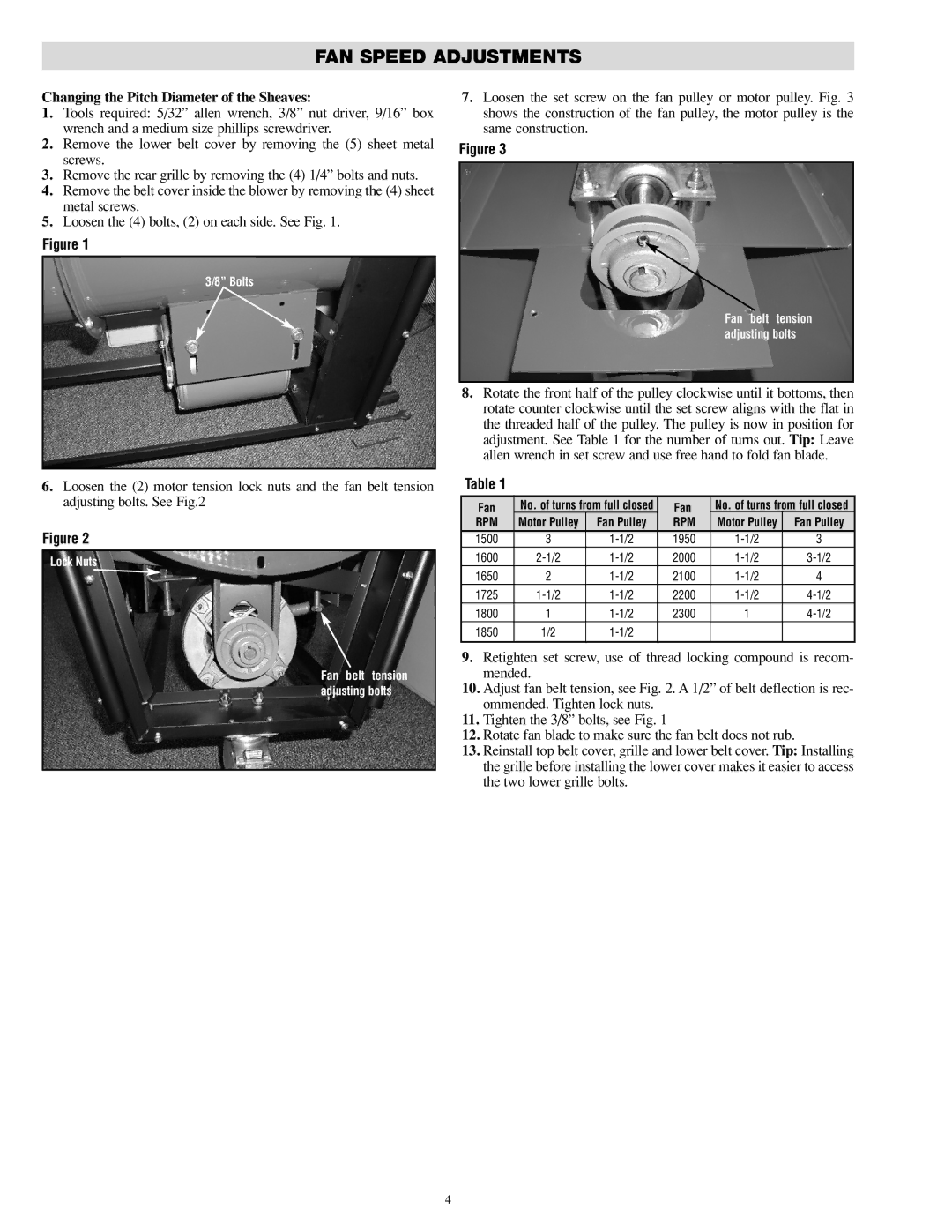 Chromalox SDRA-RG FAN Speed Adjustments, Changing the Pitch Diameter of the Sheaves, Fan, Rpm, Motor Pulley 