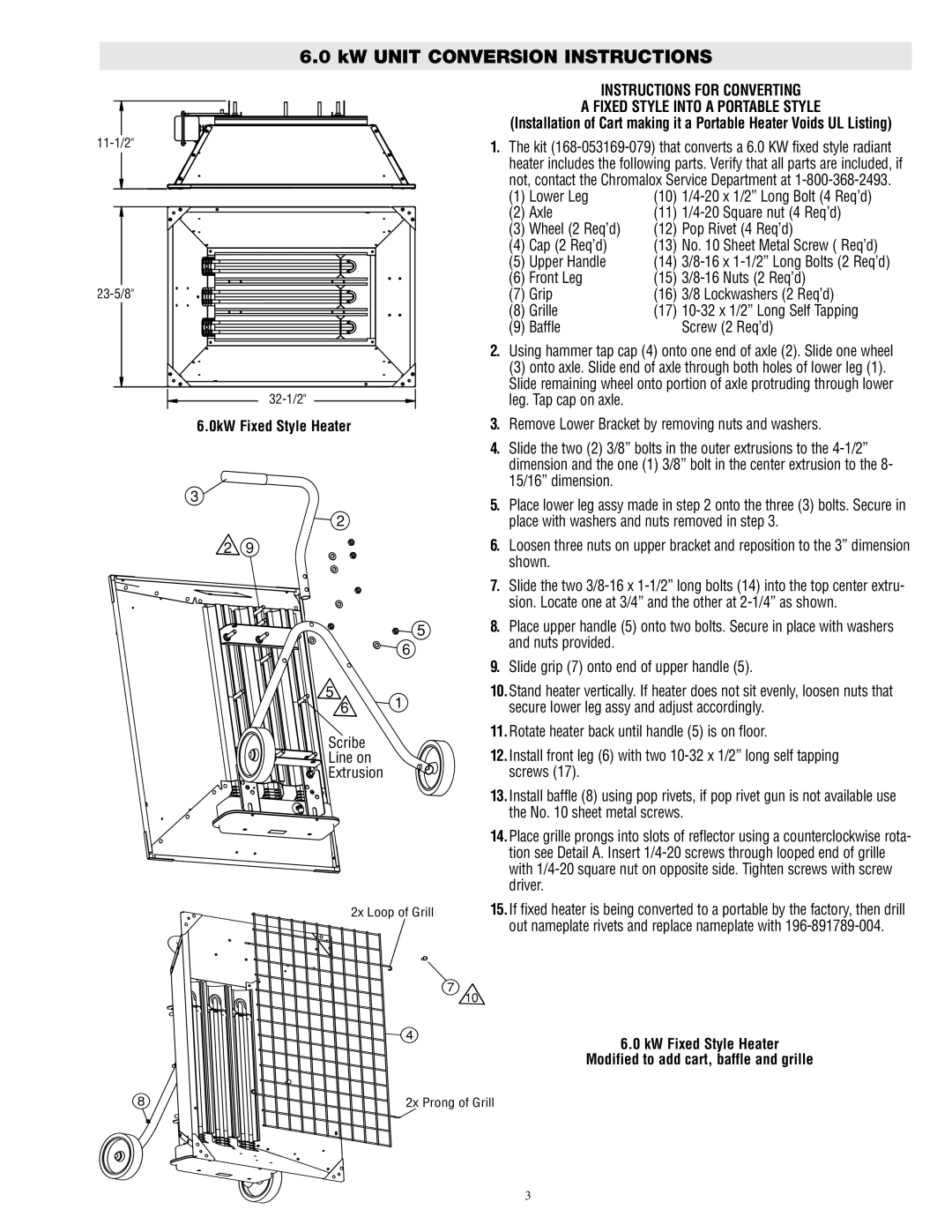 Chromalox STAR-14A kW UNIT CONVERSION INSTRUCTIONS, 6.0kW Fixed Style Heater, Modified to add cart, baffle and grille 
