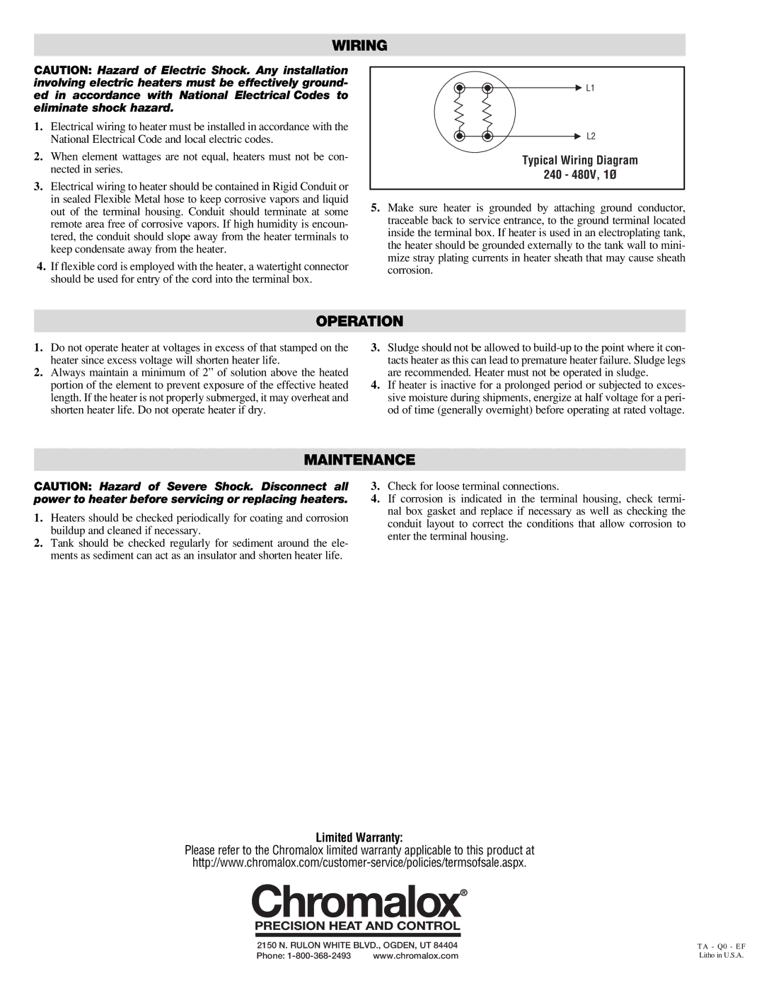 Chromalox TBL-A installation instructions Wiring, Operation, Maintenance 