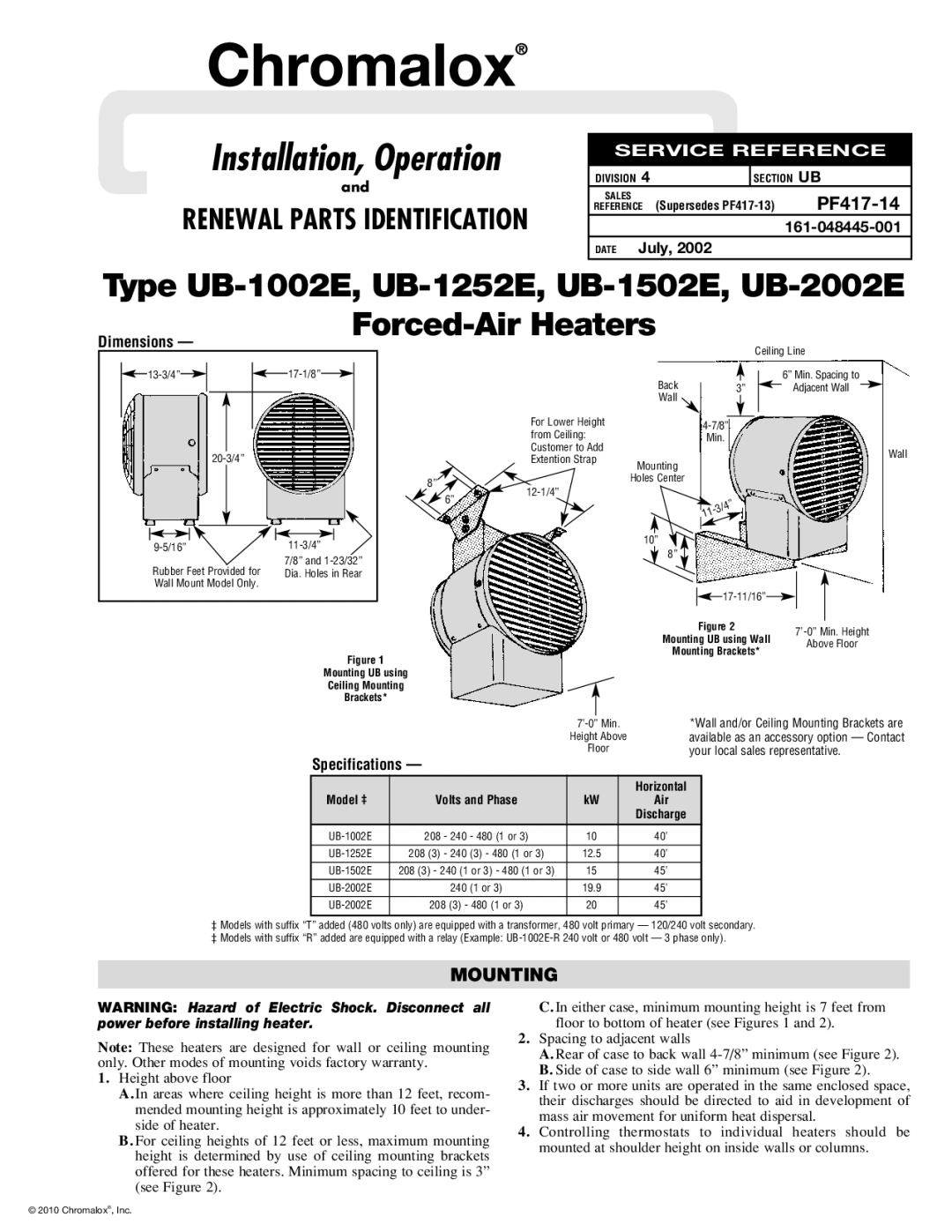 Chromalox UB-1252E, UB-2002E, UB-1502E, UB-1002E specifications Mounting, Horizontal, Model ‡ 