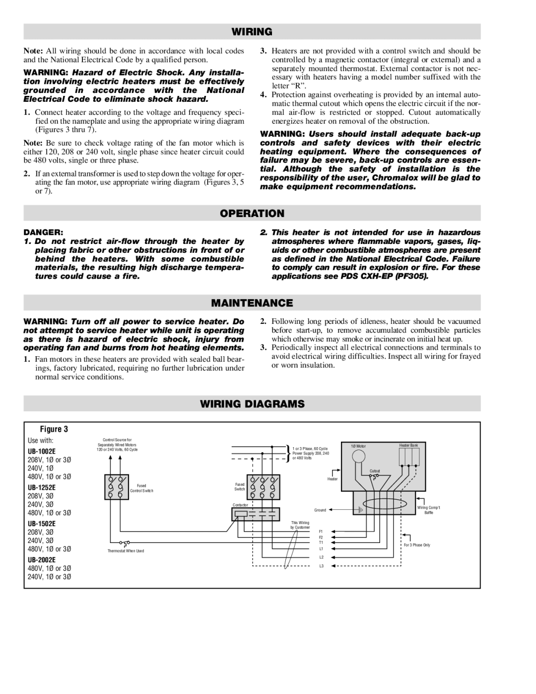 Chromalox UB-1502E, UB-2002E, UB-1252E, UB-1002E specifications Operation, Maintenance, Wiring Diagrams 