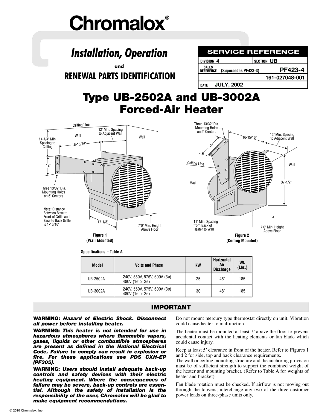 Chromalox specifications Type UB-2502A and UB-3002A Forced-Air Heater 