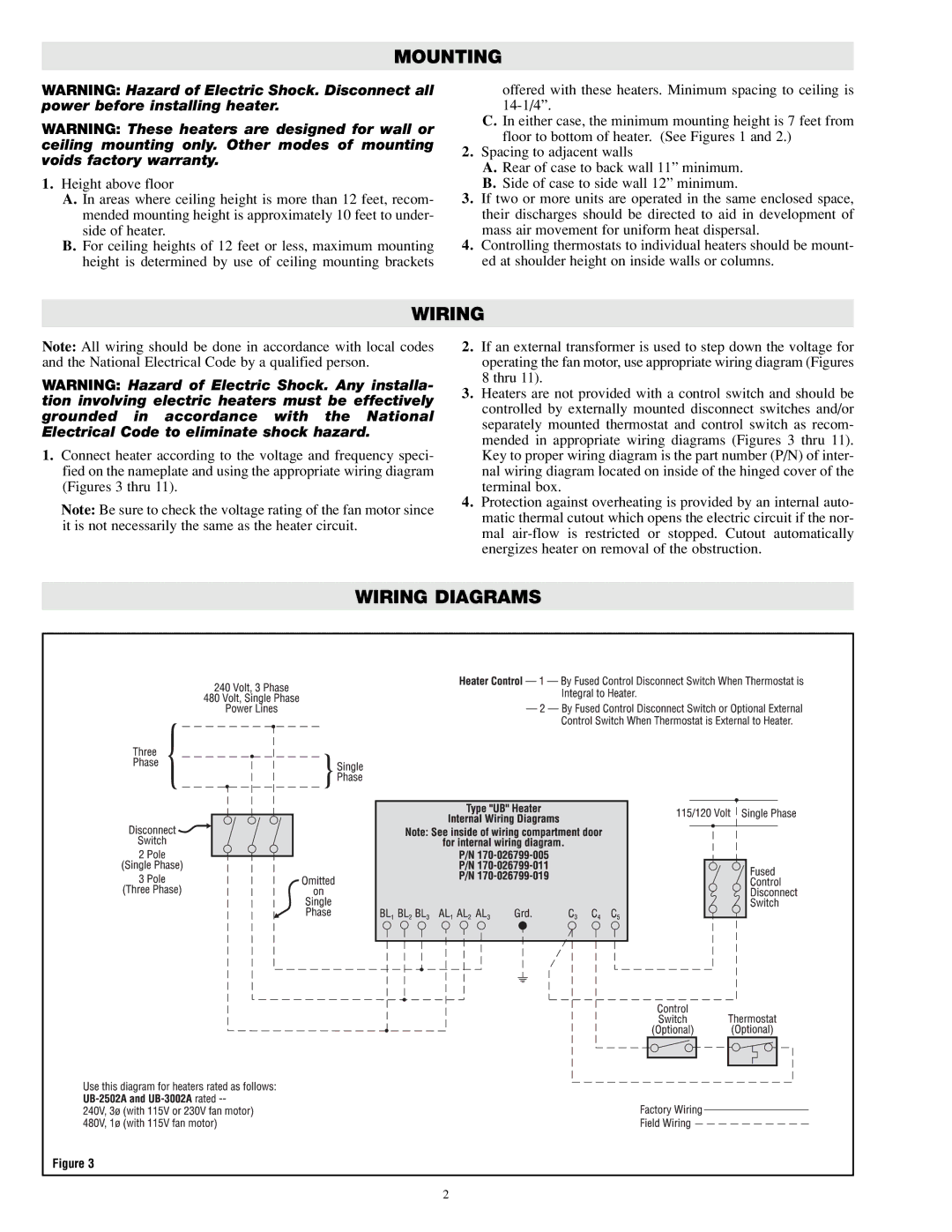 Chromalox UB-3002A, UB-2502A specifications Mounting, Wiring Diagrams 