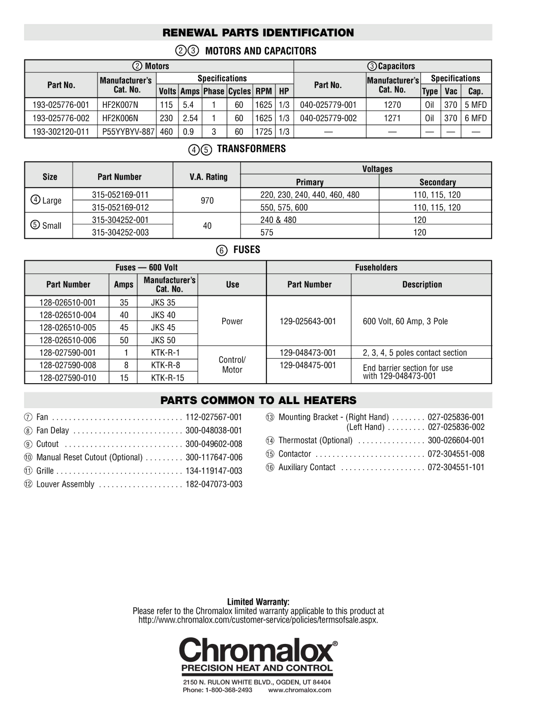 Chromalox UB-3002A, UB-2502A specifications Parts Common to ALL Heaters, Motors and Capacitors 