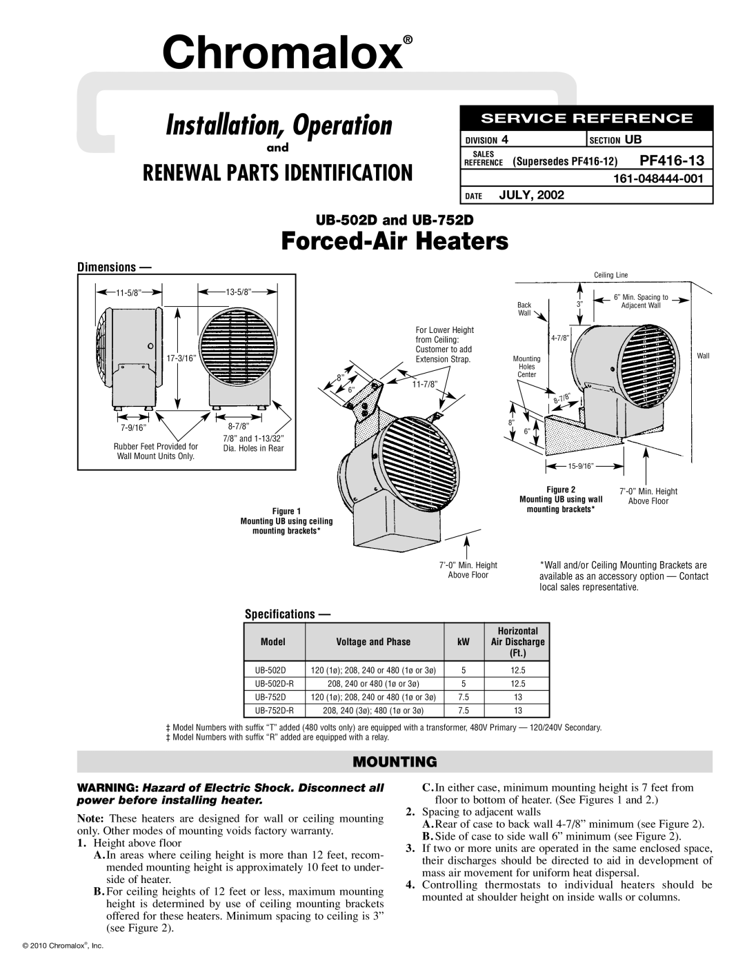 Chromalox UB-752D, UB-502D specifications Mounting, Horizontal, Model 