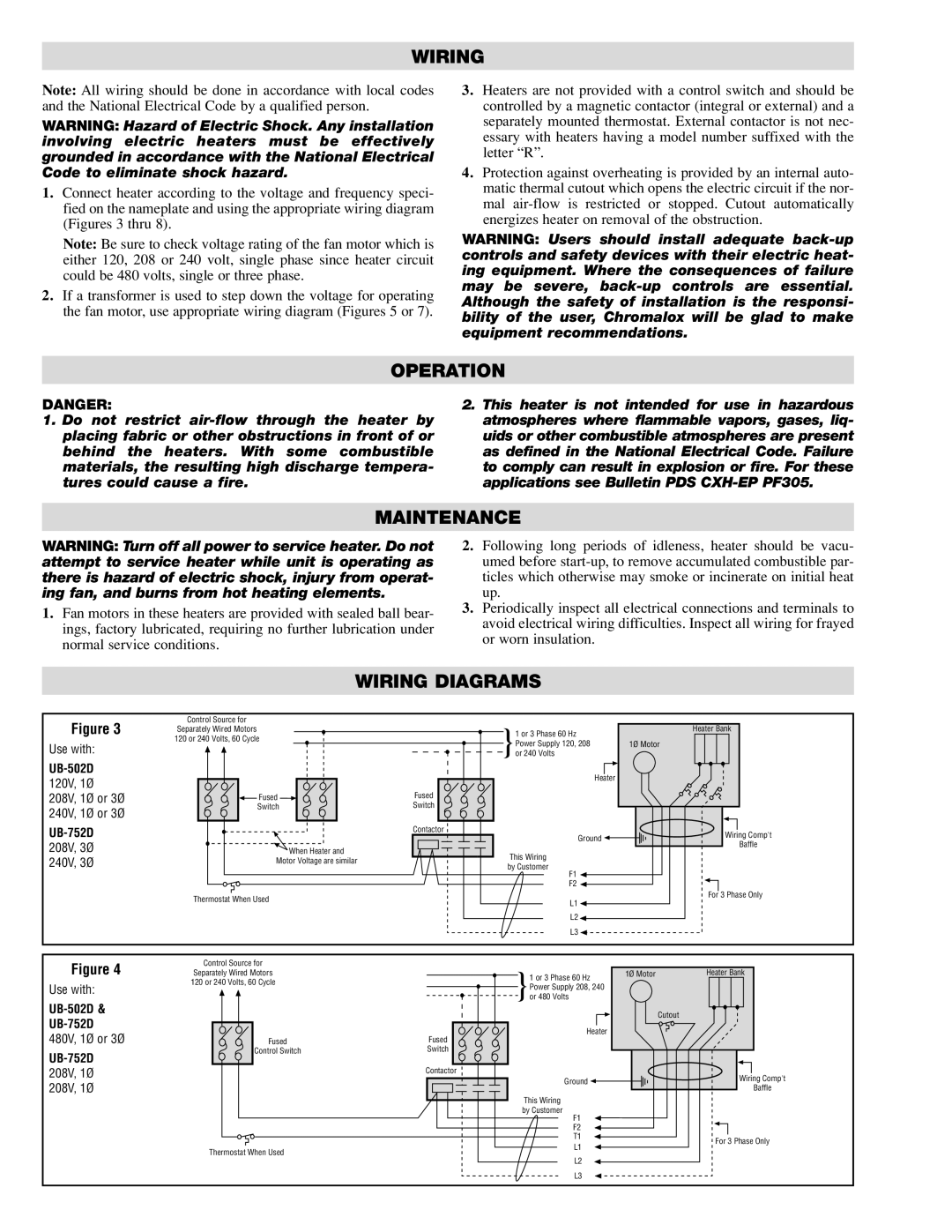 Chromalox UB-502D, UB-752D specifications Operation, Maintenance, Wiring Diagrams 