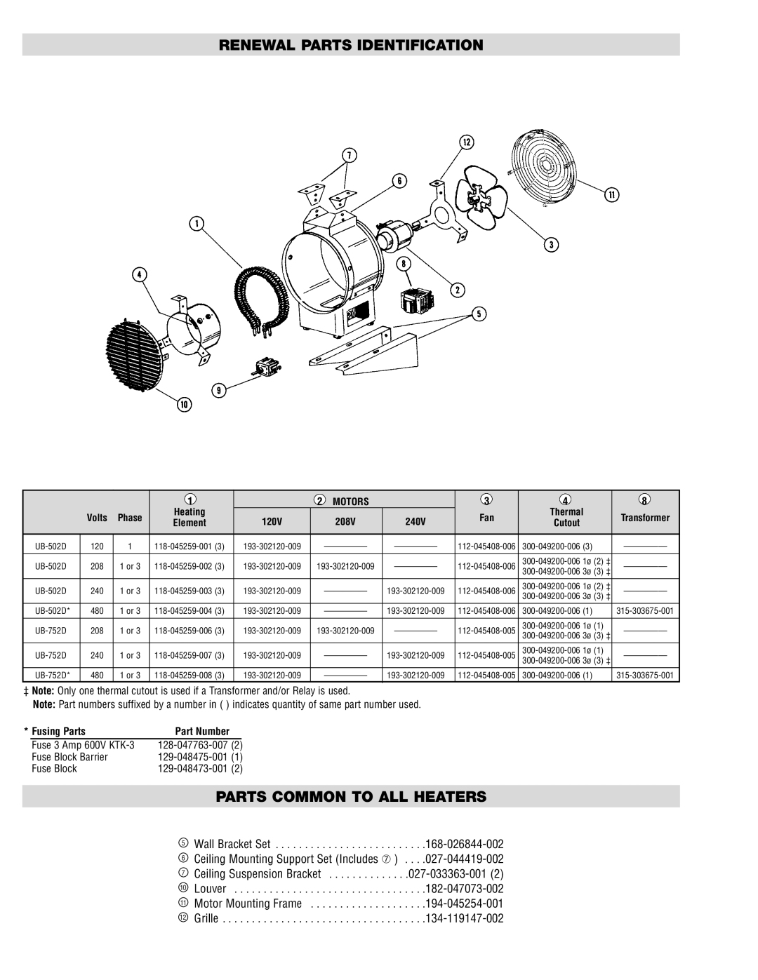 Chromalox UB-502D, UB-752D specifications Renewal Parts Identification, Parts Common to ALL Heaters 