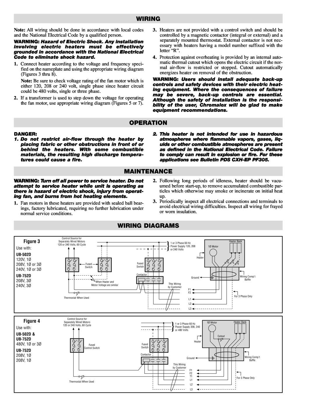Chromalox UB-502D, UB-752D specifications Operation, Maintenance, Wiring Diagrams 