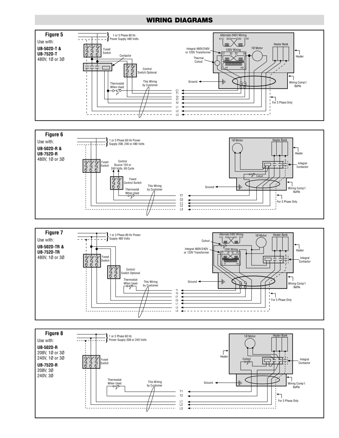 Chromalox specifications Wiring Diagrams, Use with, UB-502D-T, UB-752D-T, 480V, 1Ø or 3Ø, UB-752D-R 208V, 3Ø 240V, 3Ø 