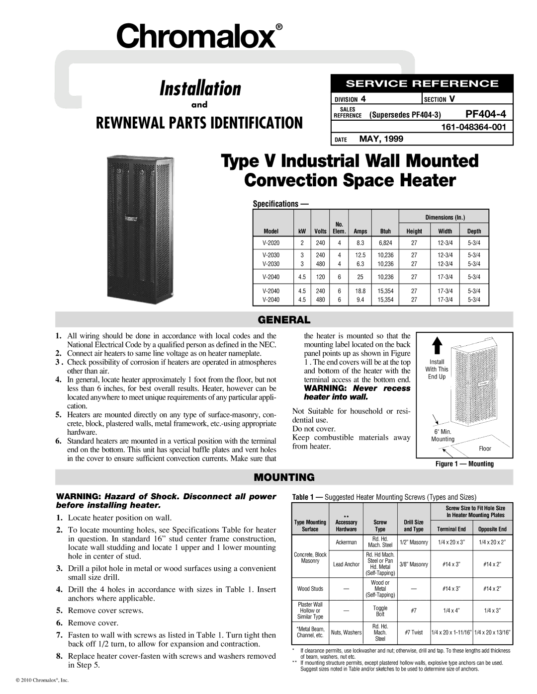 Chromalox V-2030, V-2020 specifications General, Mounting 