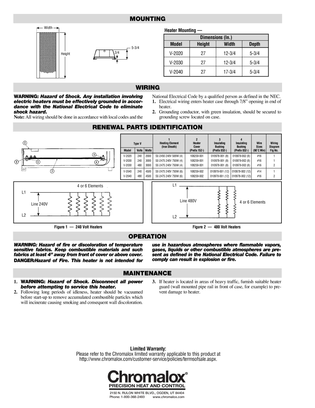 Chromalox V-2020, V-2030 specifications Wiring, Renewal Parts Identification, Operation, Maintenance 