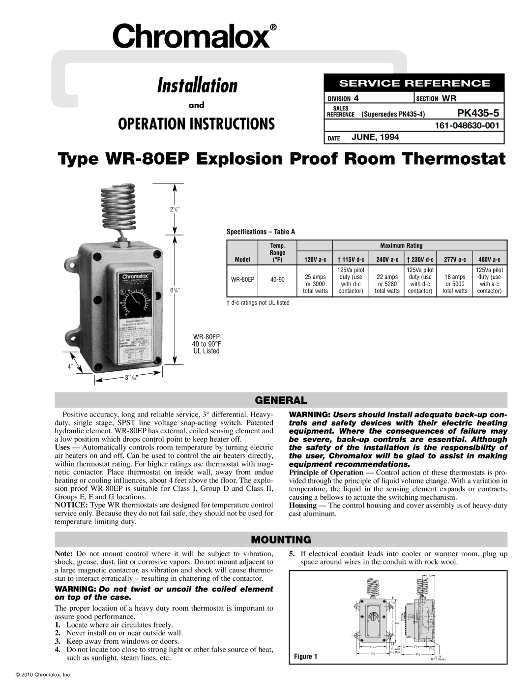 Chromalox WR-80EP specifications General, Mounting 