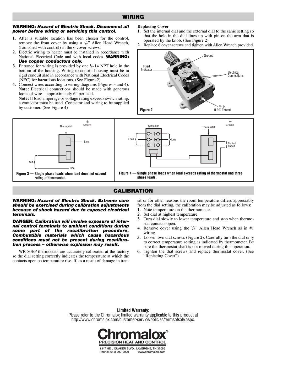 Chromalox WR-80EP specifications Wiring, Calibration 