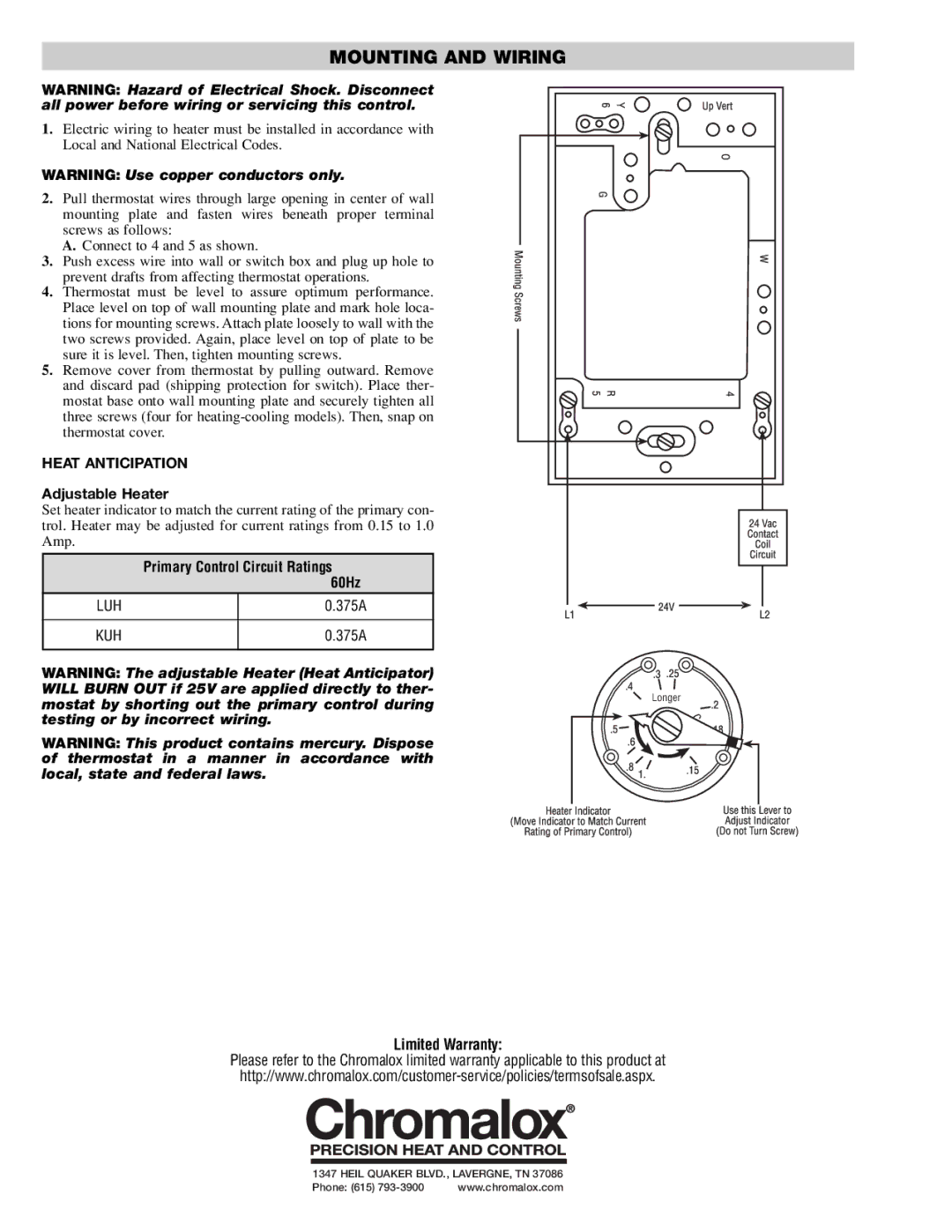 Chromalox WTL-121 Mounting and Wiring, Heat Anticipation, Adjustable Heater, Primary Control Circuit Ratings 