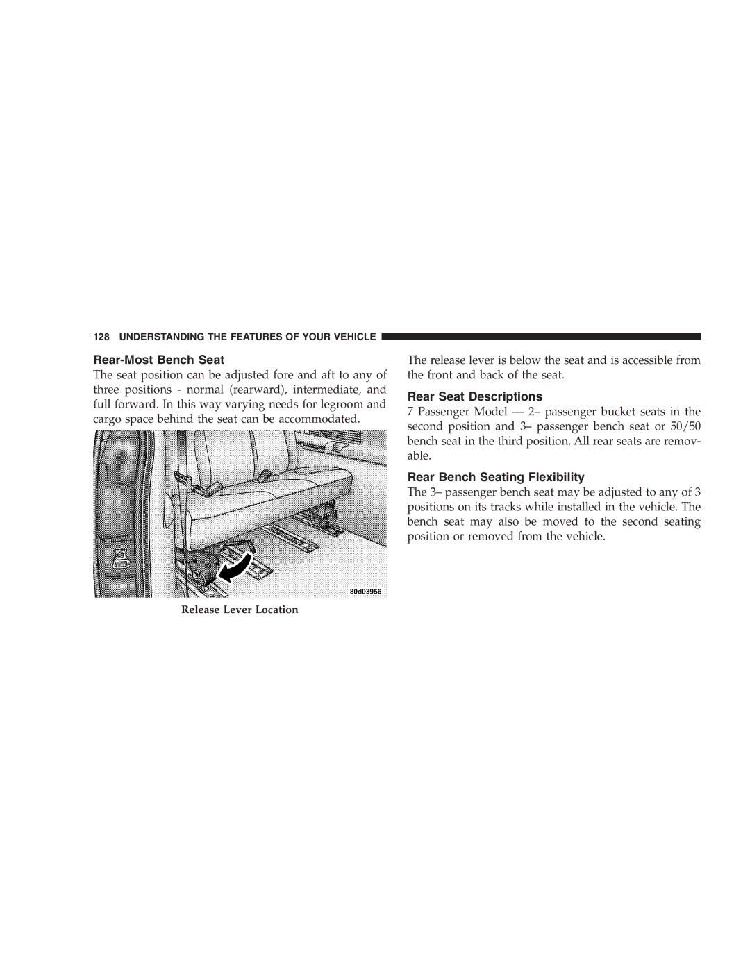 Chrysler 2005 Town and Country manual Rear-Most Bench Seat, Rear Seat Descriptions, Rear Bench Seating Flexibility 