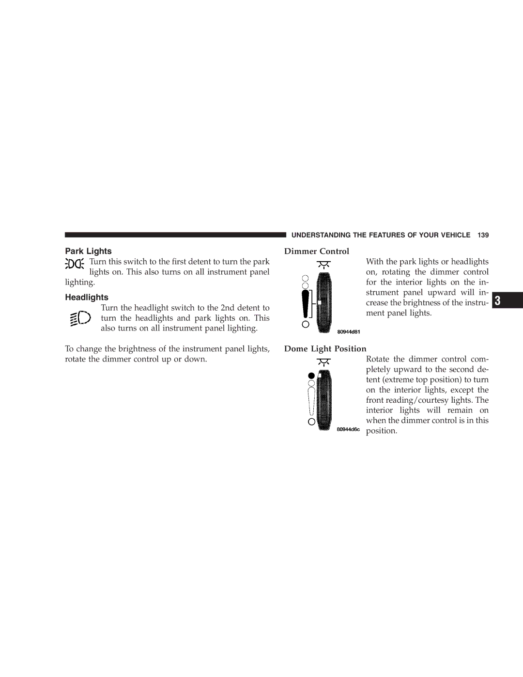 Chrysler 2005 Town and Country manual Park Lights, Headlights, Dimmer Control, Dome Light Position 