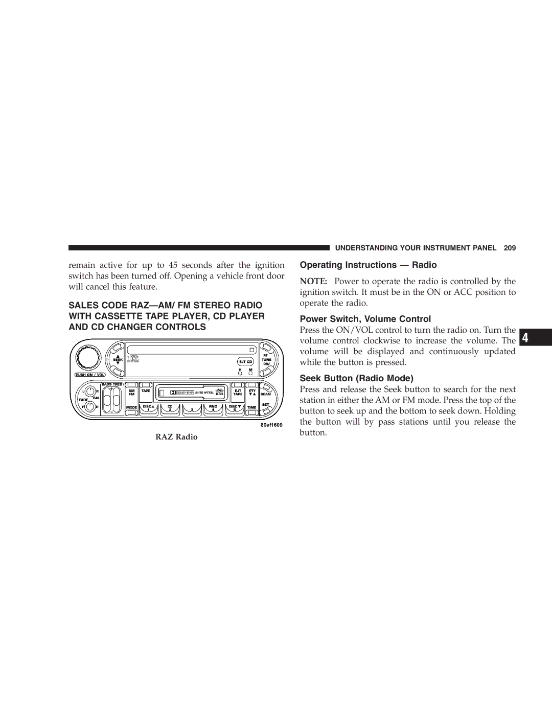 Chrysler 2005 Town and Country manual Operating Instructions Radio Power Switch, Volume Control, Seek Button Radio Mode 