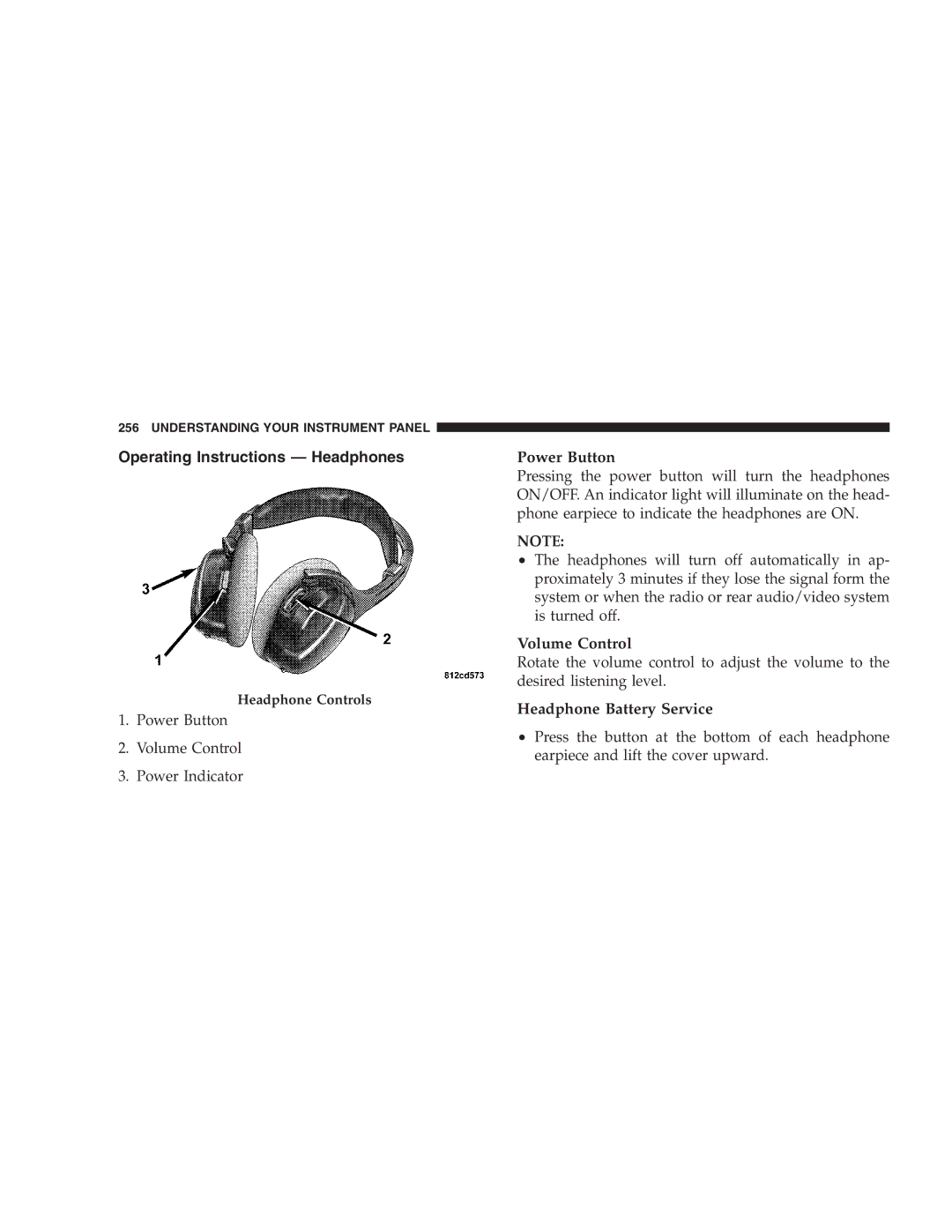 Chrysler 2005 Town and Country Operating Instructions Headphones, Power Button, Volume Control, Headphone Battery Service 