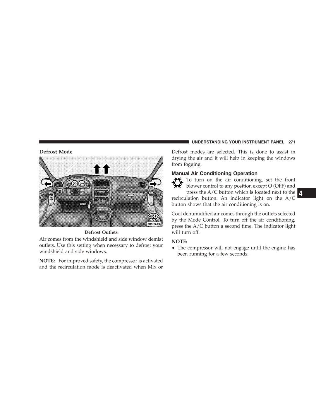 Chrysler 2005 Town and Country manual Defrost Mode, Manual Air Conditioning Operation 