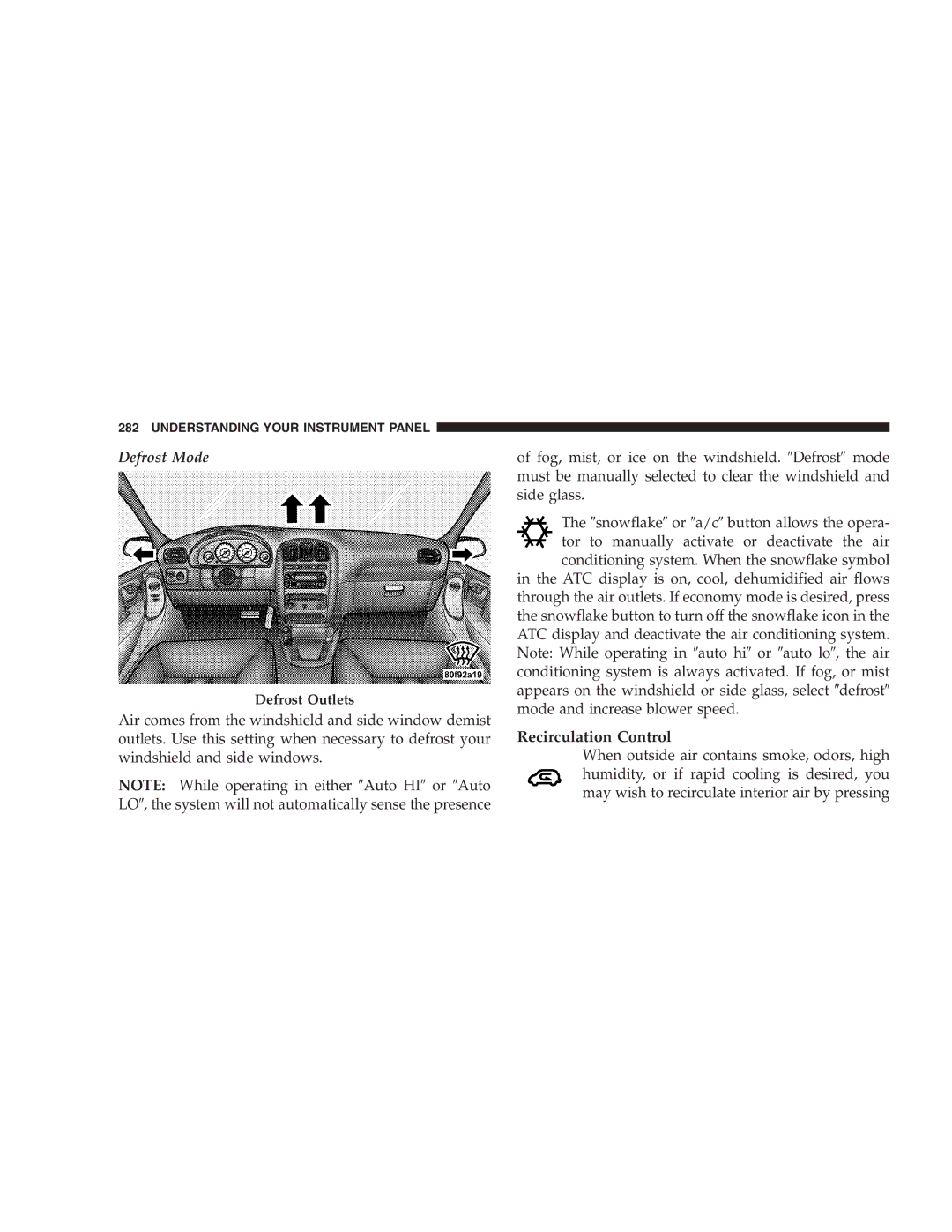 Chrysler 2005 Town and Country manual Defrost Mode, Recirculation Control 