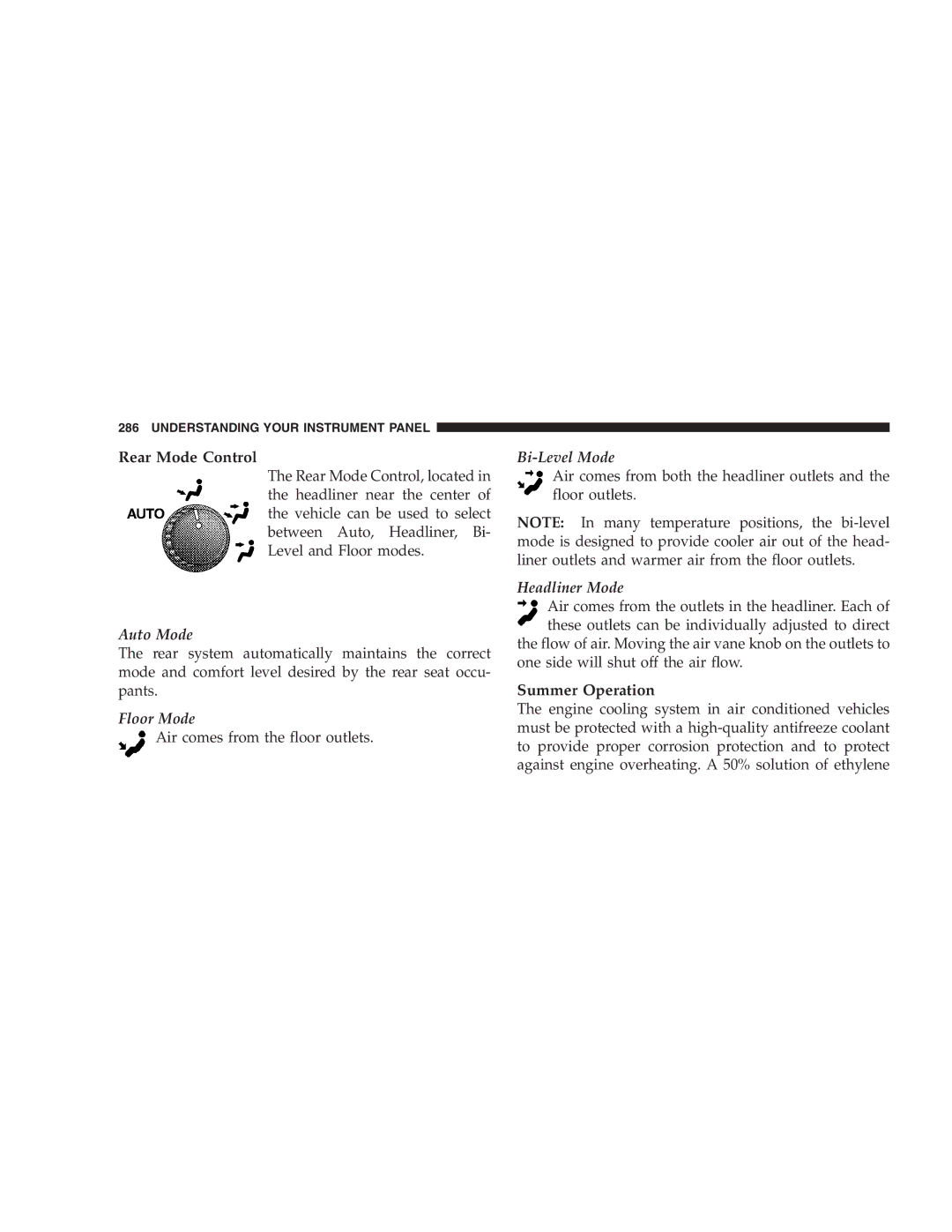 Chrysler 2005 Town and Country manual Rear Mode Control, Auto Mode, Floor Mode, Headliner Mode, Summer Operation 