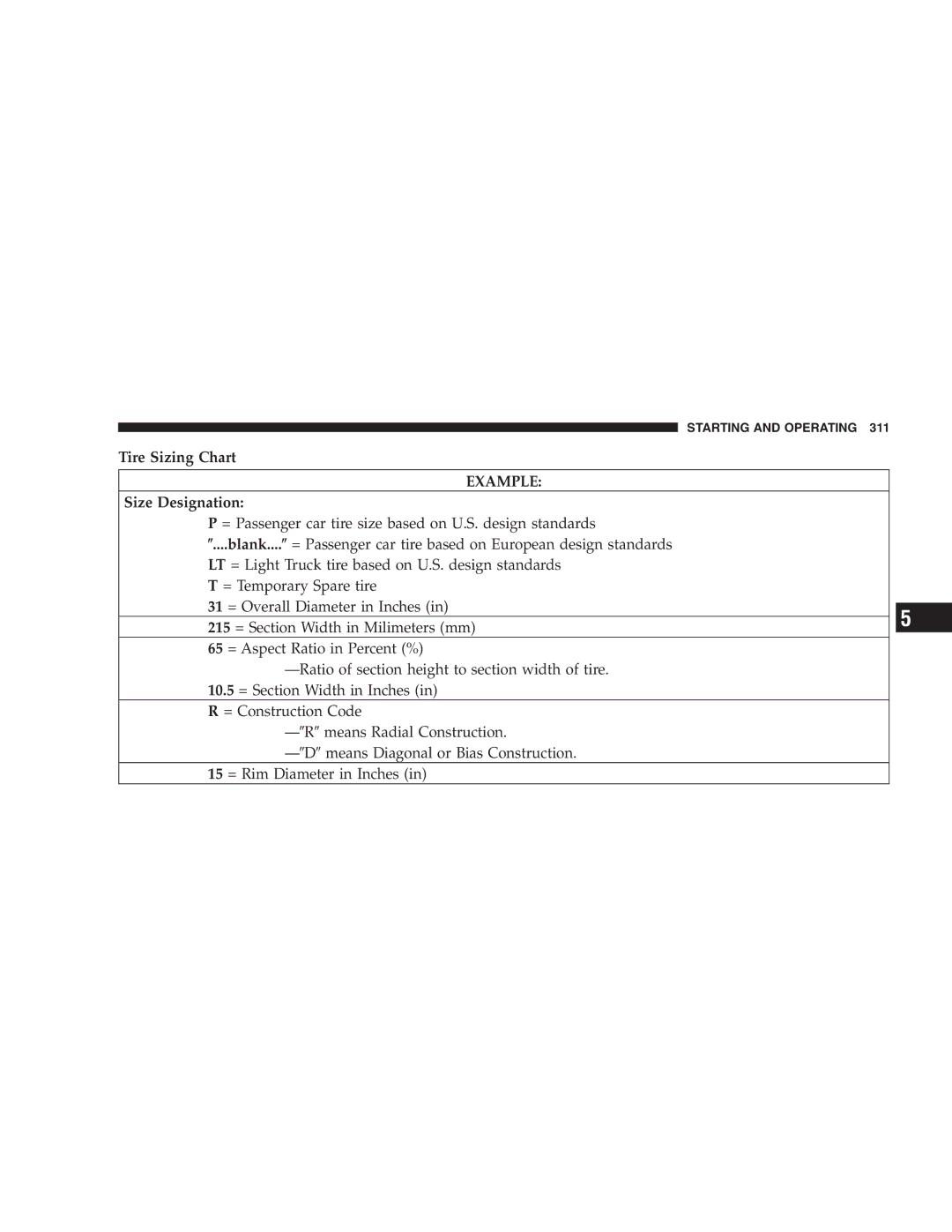 Chrysler 2005 Town and Country manual Tire Sizing Chart, Size Designation 