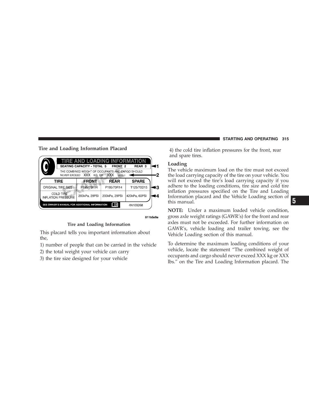 Chrysler 2005 Town and Country manual Tire and Loading Information Placard 