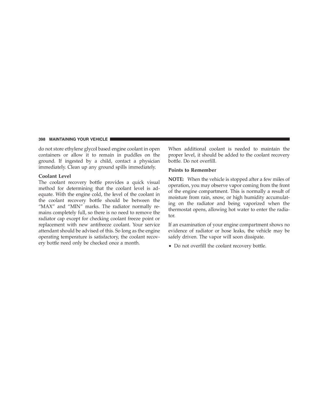 Chrysler 2005 Town and Country manual Coolant Level, Points to Remember 