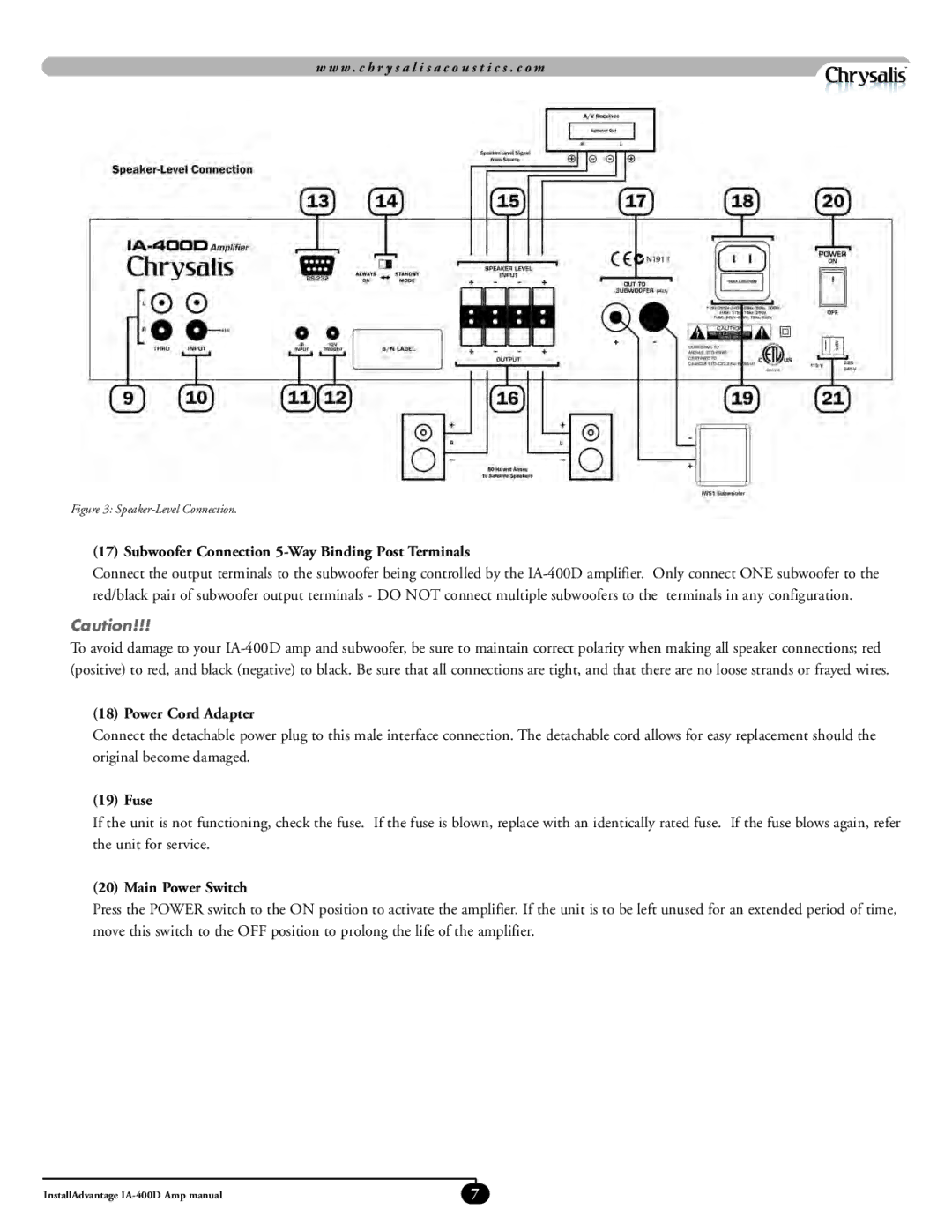 Chrysler IA-400D, IA-IWS1 Subwoofer Connection 5-Way Binding Post Terminals, Power Cord Adapter, Fuse, Main Power Switch 