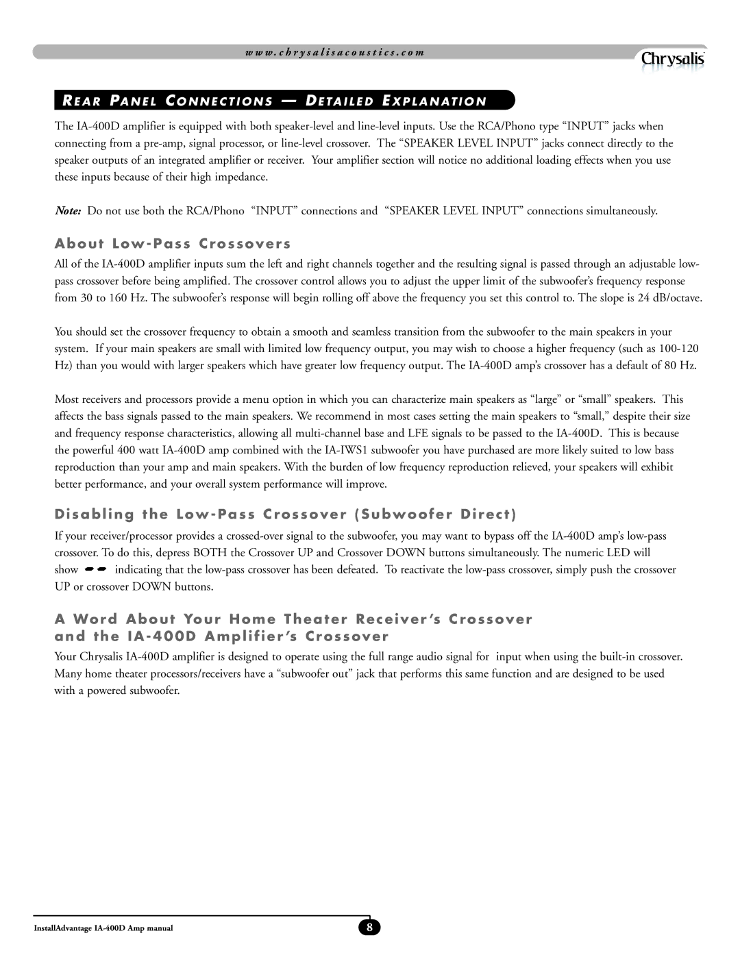 Chrysler IA-IWS1, IA-400D manual About Low Pass Crossovers, Disabling the Low Pass Crossover Subwoofer Direct 