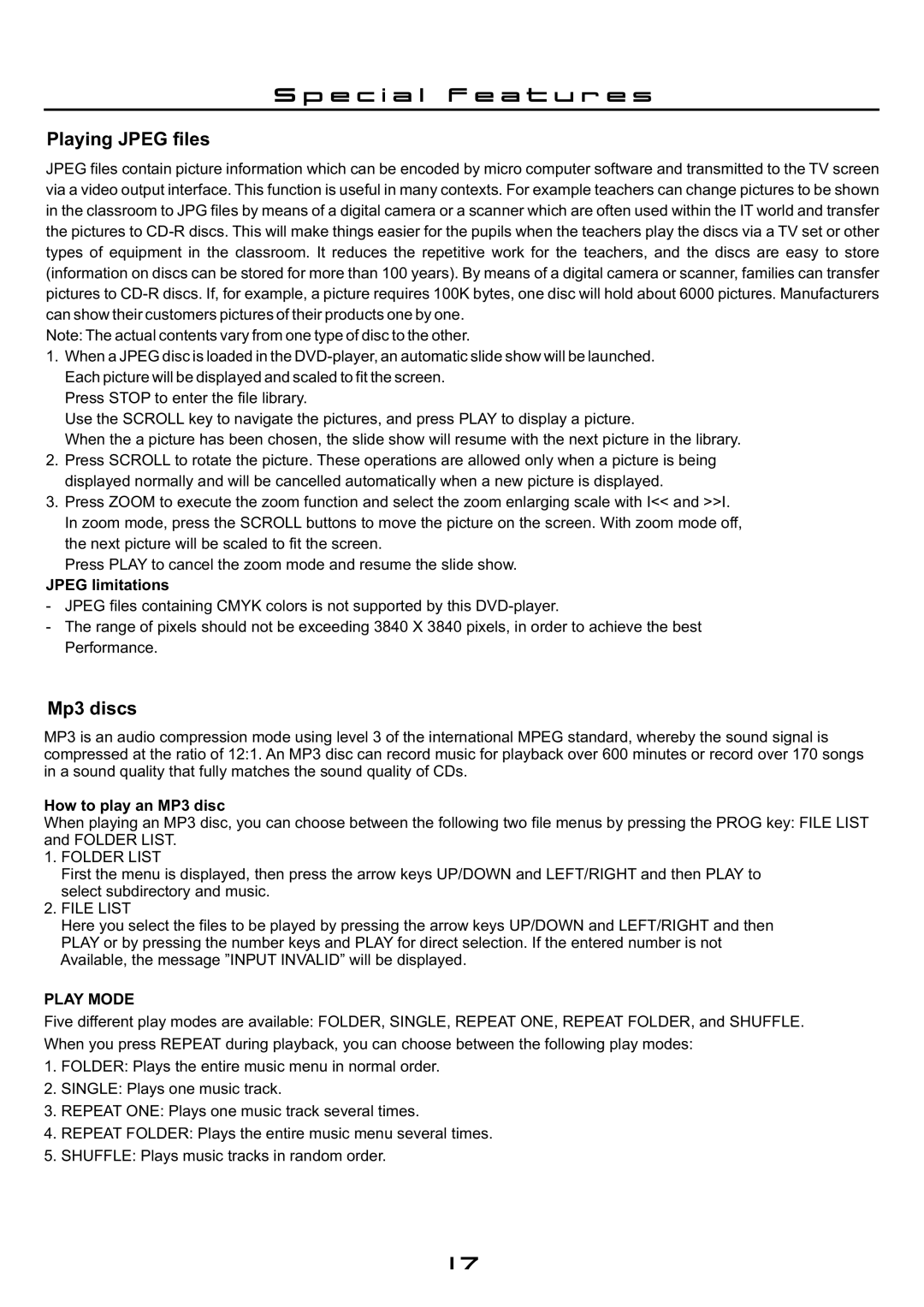 Cilo C-101 manual E c i a l f e a t u r e s, Jpeg limitations, How to play an MP3 disc, Play Mode 