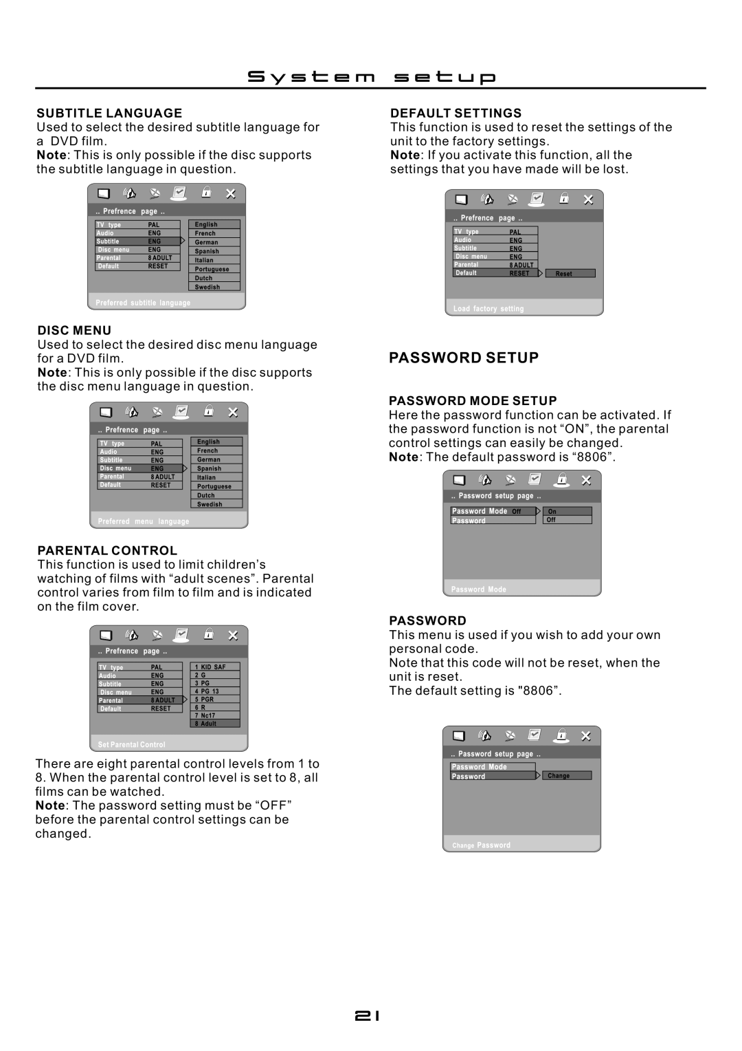 Cilo C-101 manual Password Setup 