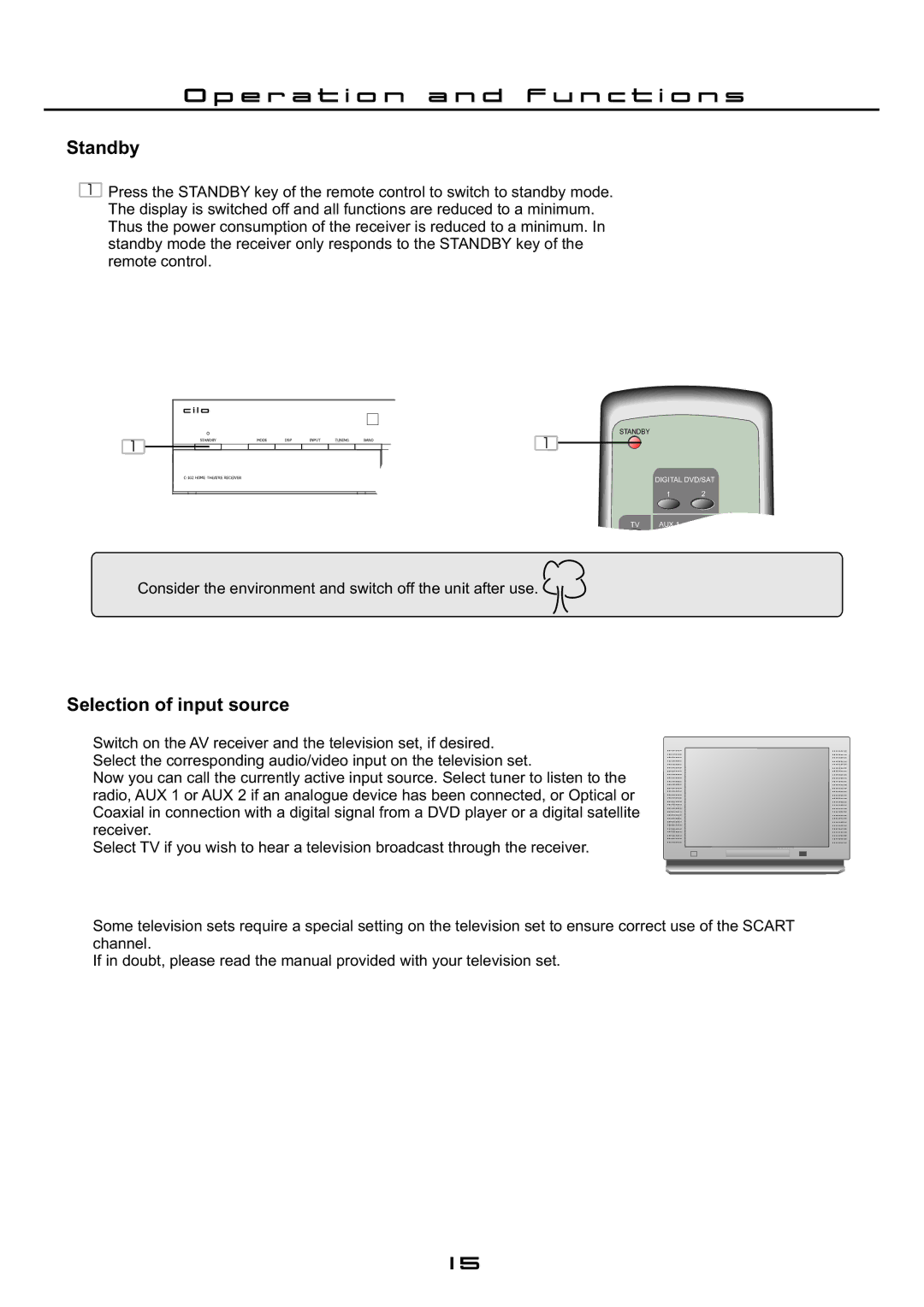 Cilo C-102 manual E r a t i o n a n d f u n c t i o n s, Standby, Selection of input source 