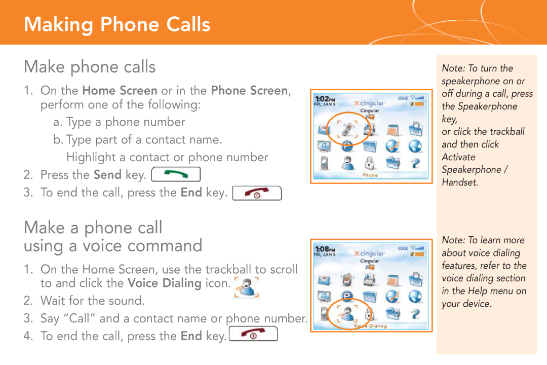 Cingular 8800 manual Making Phone Calls, Make phone calls, Make a phone call Using a voice command 