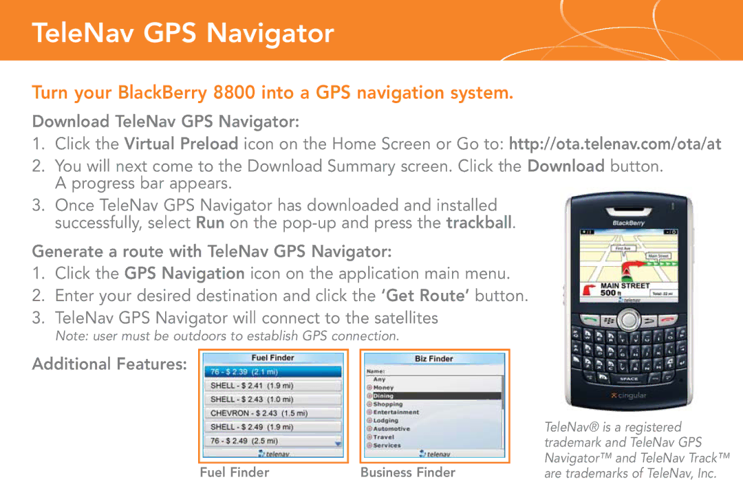 Cingular manual TeleNav GPS Navigator, Turn your BlackBerry 8800 into a GPS navigation system 