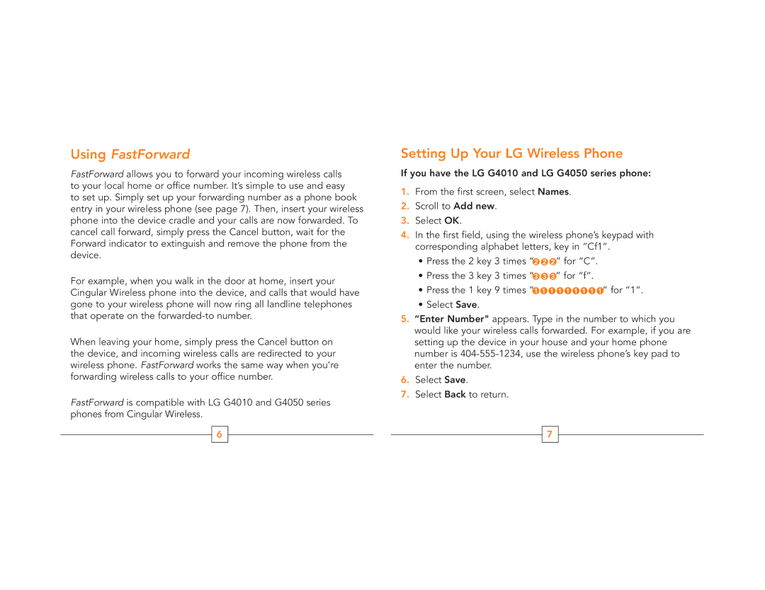 Cingular G4010, G4050 manual Using FastForward, Setting Up Your LG Wireless Phone 