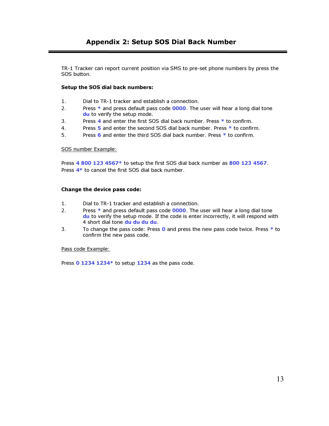 Cingular TR-1 manual Appendix 2 Setup SOS Dial Back Number, Setup the SOS dial back numbers, Change the device pass code 