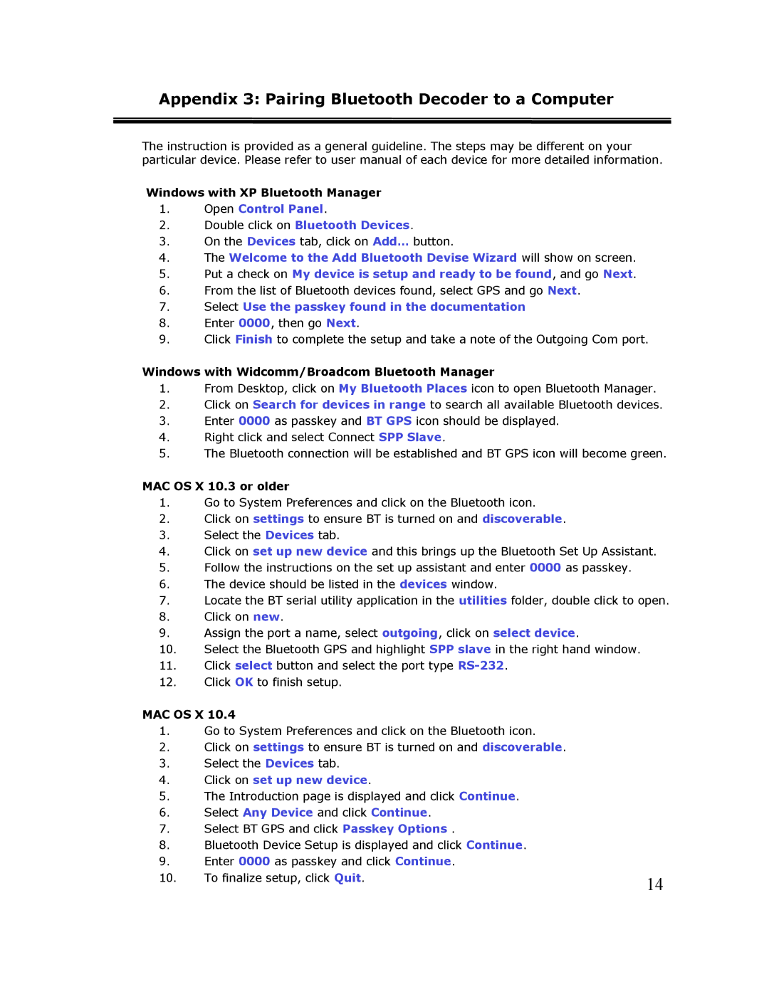 Cingular TR-1 manual Appendix 3 Pairing Bluetooth Decoder to a Computer, Windows with XP Bluetooth Manager, Mac Os X 